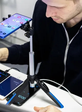 Ingénieur QA assis à son bureau, travaillant sur un projet avec plusieurs appareils mobiles.